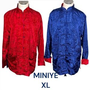 MINIYE XL Red Blue Brocade Mandarin Collar Frog Button Jacket Reversible Pockets